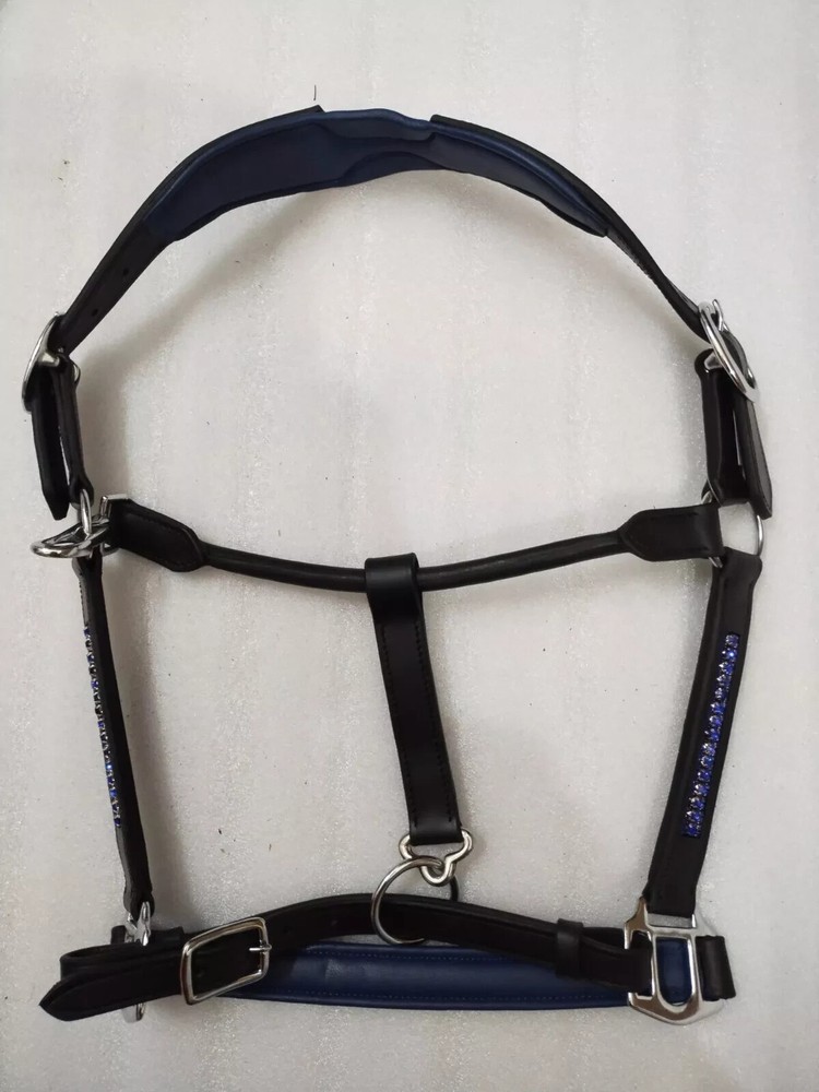 Three Row Blue Crystal & Blue Padding Premium Leather Horse Anatomic Halter.