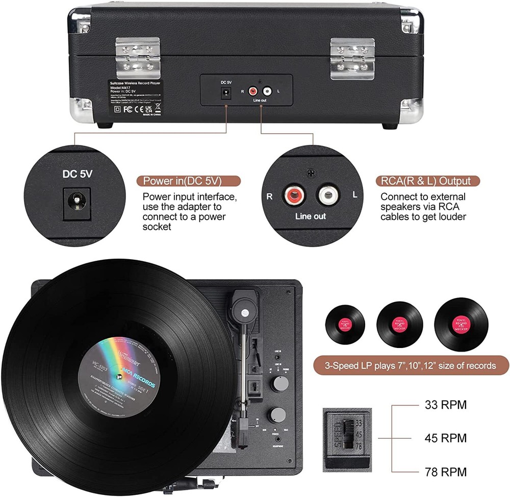 Vinyl Record Player Wireless Turntable Bluetooth 3-Speed Portable Suitcase RCA