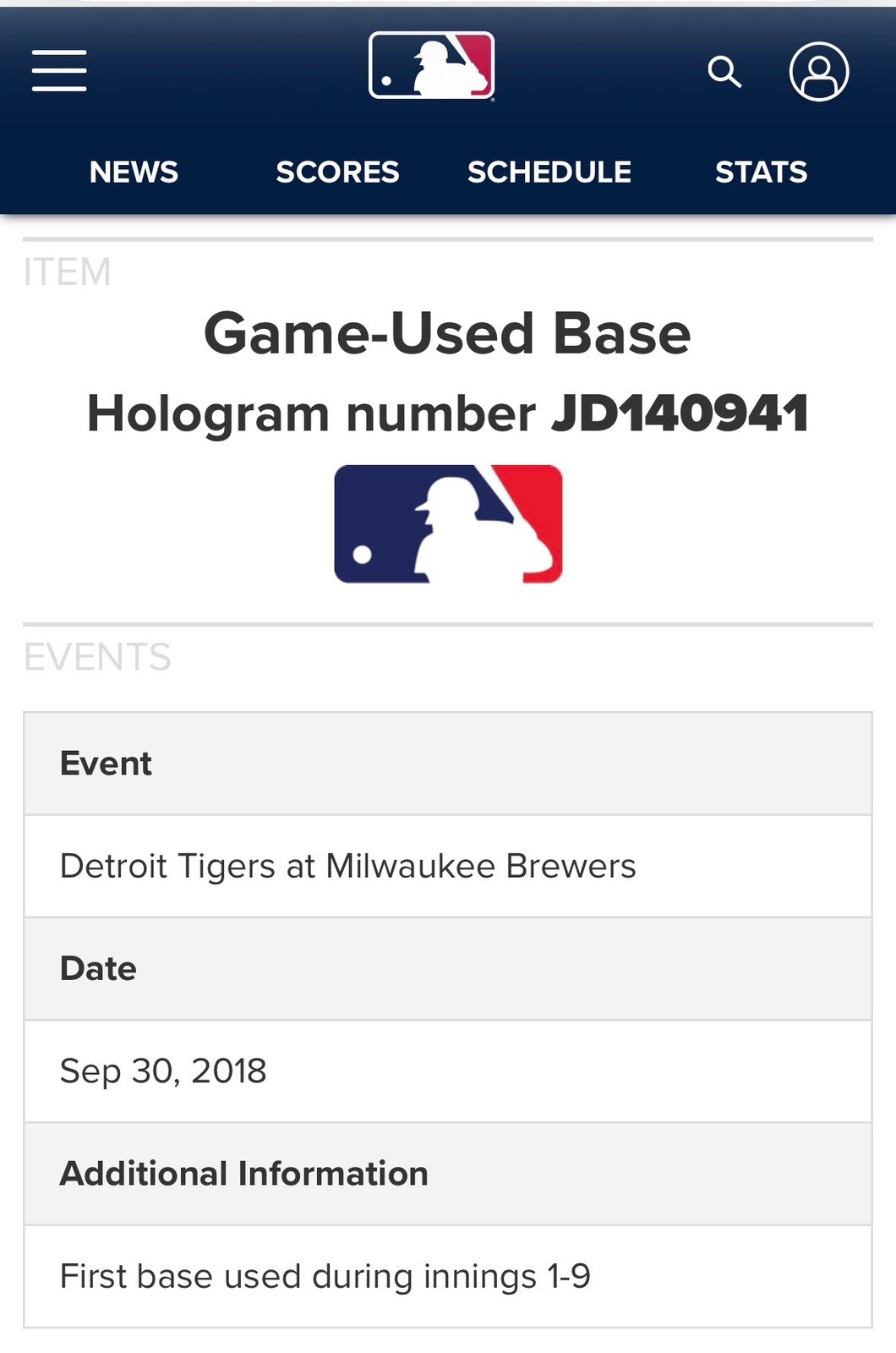 Milwaukee Brewers Game Used Base vs Detroit Tigers 1st Base: INN 1-9 9/30/18 MLB