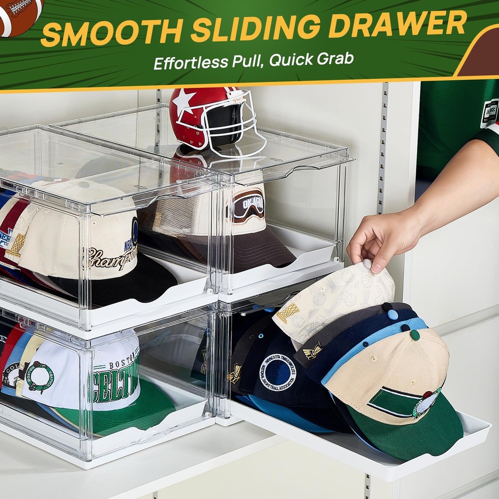 Vtopmart 2-Pack Hat Organizer Box for Baseball Caps, Clear Stackable Storage