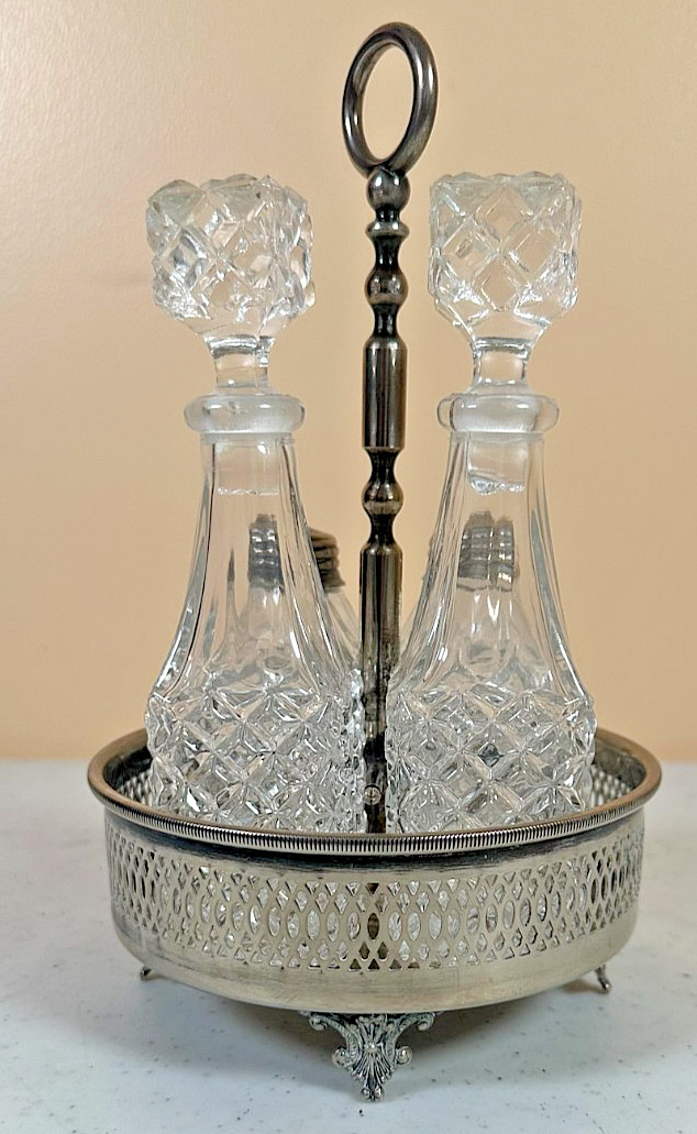 Vintage Victorian Silverplate 5 Piece Cut Glass Cruet Condiment Caddy