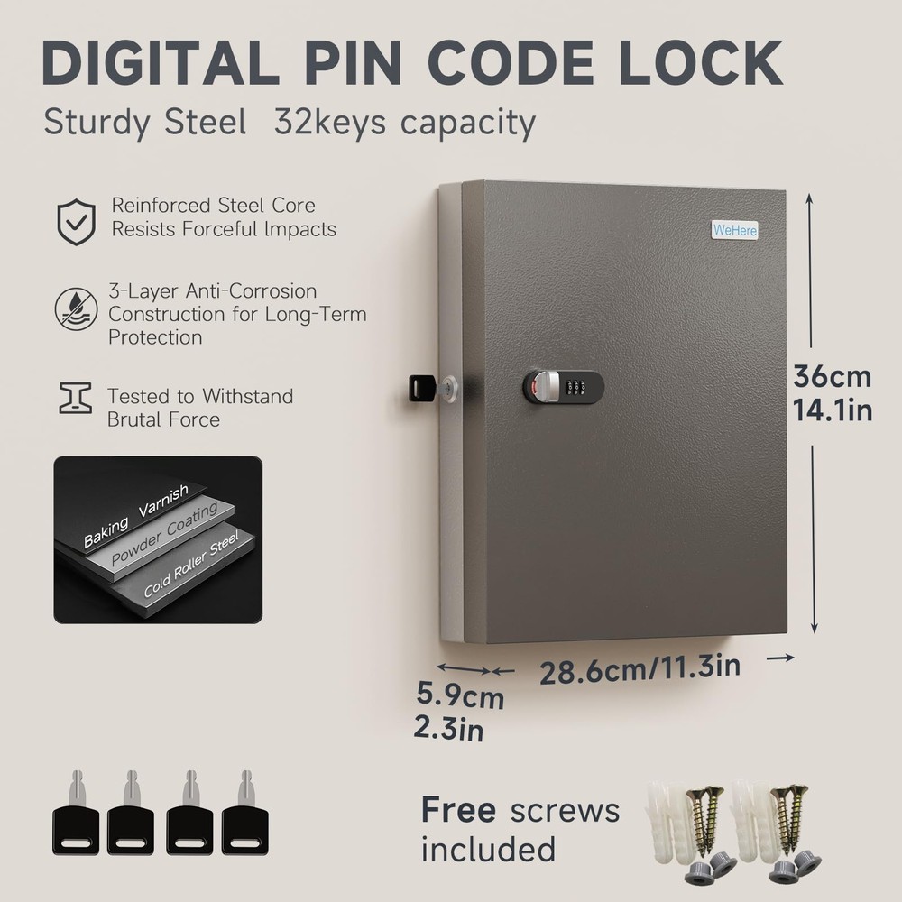 DiDiHere 32 Key Lock Box Wall Mount Security Cabinet 3-Digit Combination Mag