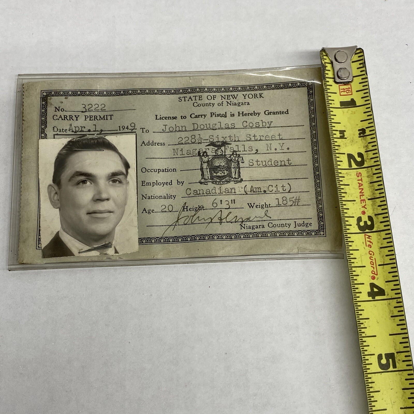 Vtg 1949 State of New York License to Carry Pistol Firearms Handgun Permit Photo