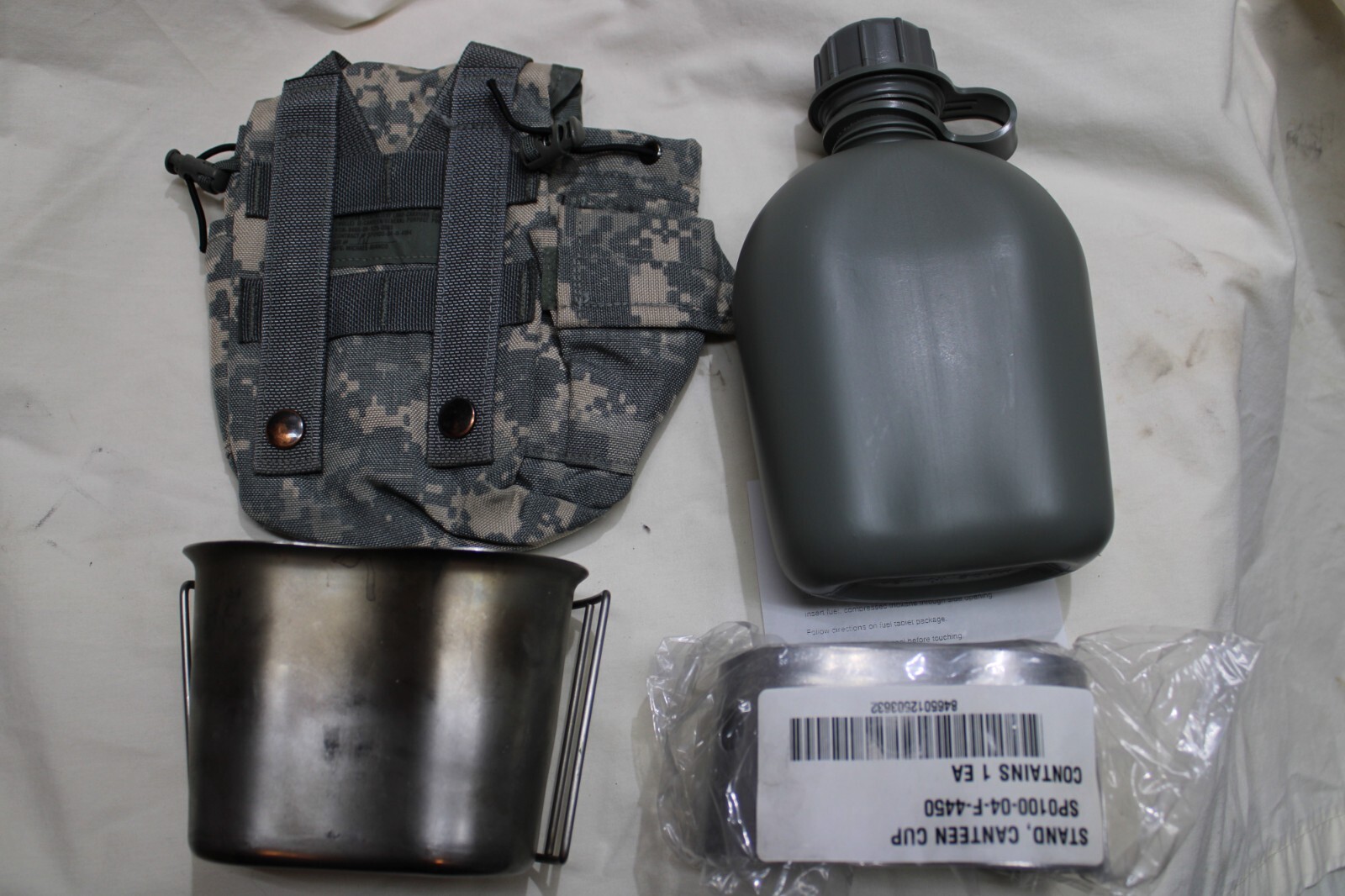 US Military Issue 1QT Canteen MOLLE ACU Pouch Stainless Cup and Cooking Stove