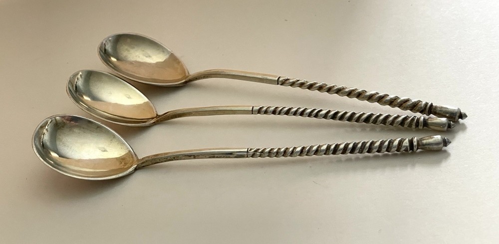 3 Russian Silver Spoons Twisted Handle Antique