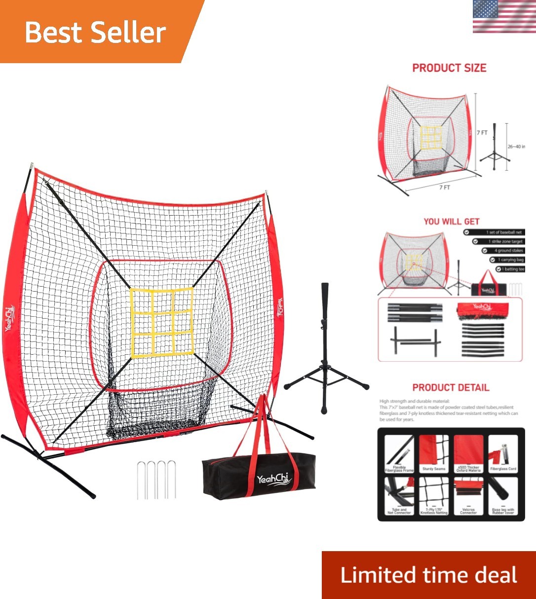 7×7FT Baseball Net with Batting Tee and Strike Zone Target, Portable Hitting ...