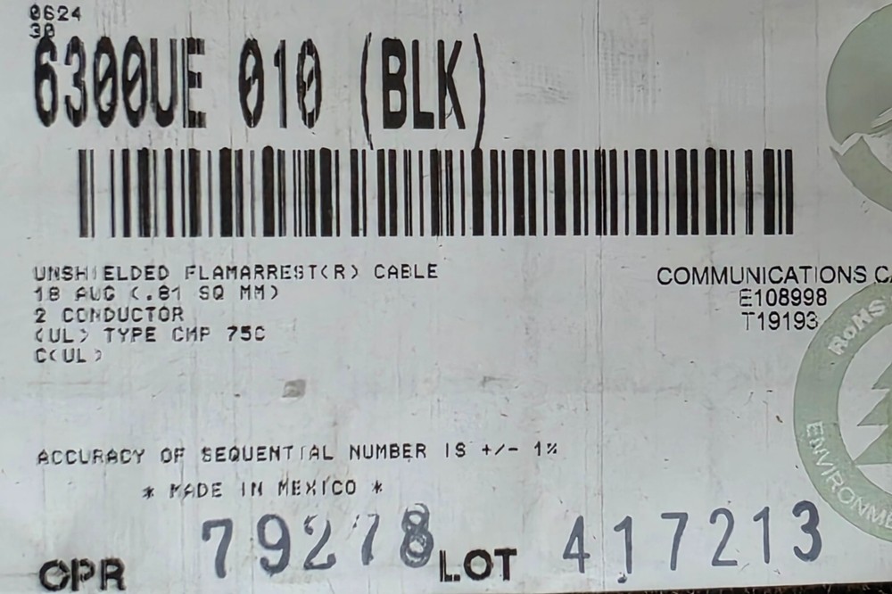 Belden Wire 6300UE 18/2C Control/Speaker/Audio Cable Plenum CMP Black /100ft