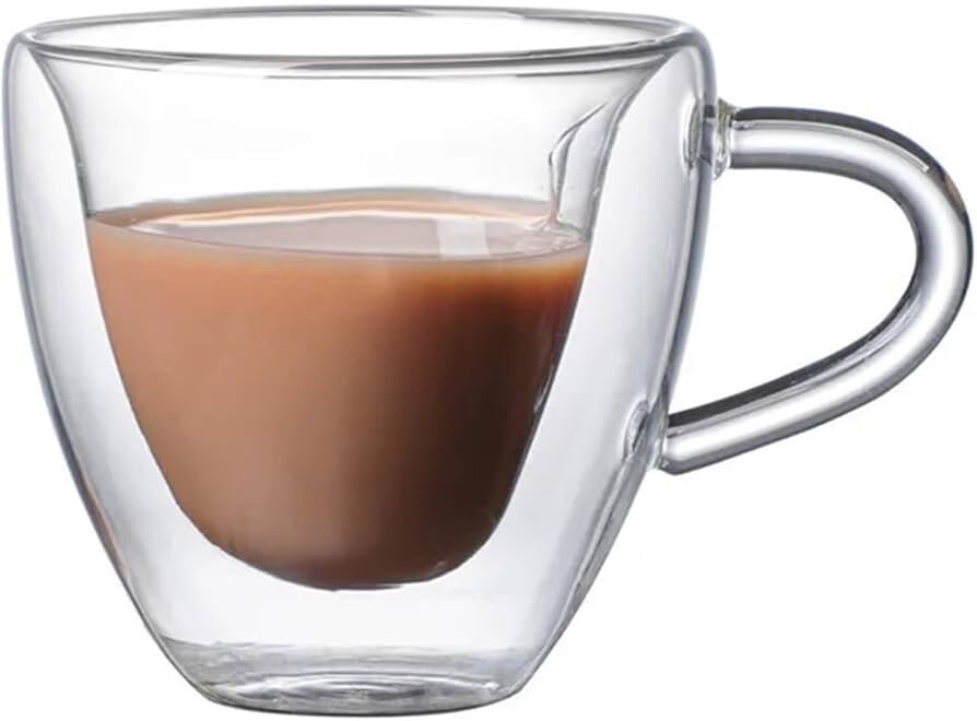 Two PCS Double  Wall Glass Coffee Mugs Clear Cups Unique Heart Shaped 8 oz