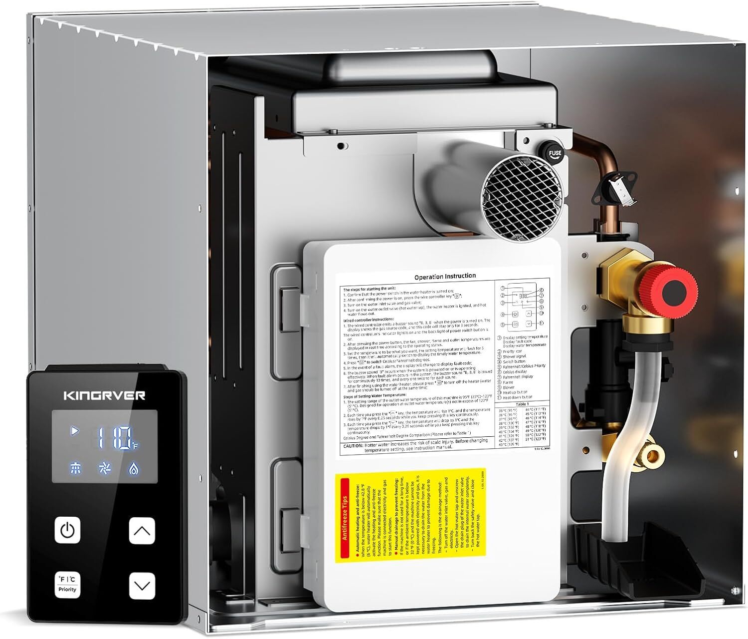 65,000 BTU RV Tankless Water Heater and 18x18" Door Propane for 9/10/12/16 Gal.