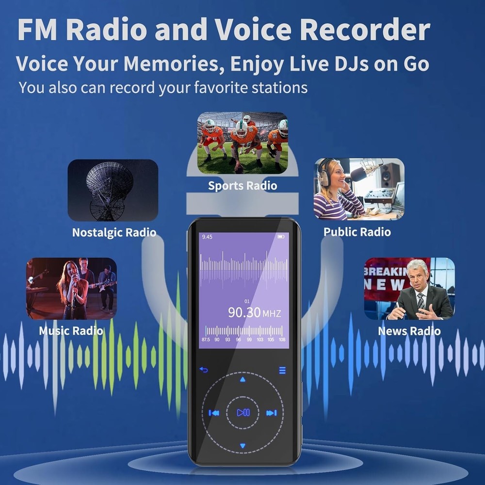 Bluetooth 5.3 MP3 Player with 45 Hours Playback & 128GB Expandable Memory