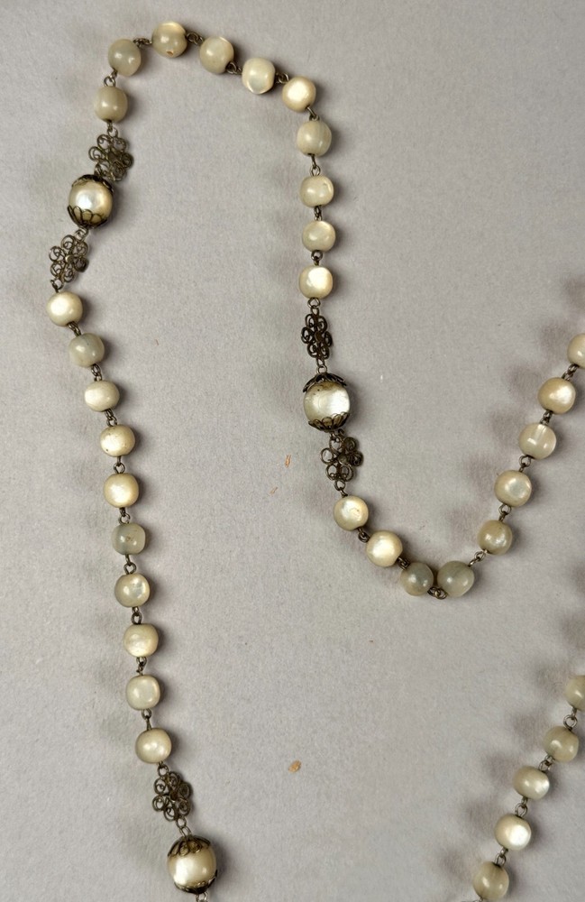 Antique MOP Balamuti Bead Rosary Filigree Silver Cross Crucifix Pendant Necklace