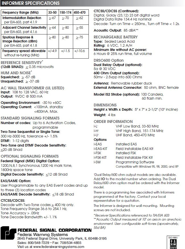 Federal Signal Informer UHF 450-470 MHz DTMF & Tone Alert Radio - GMRS, HAM