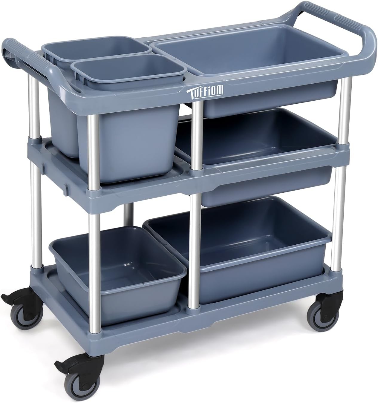 3-Tier Plastic Service Storage Utility Cart with Wheels and Large Storage Space