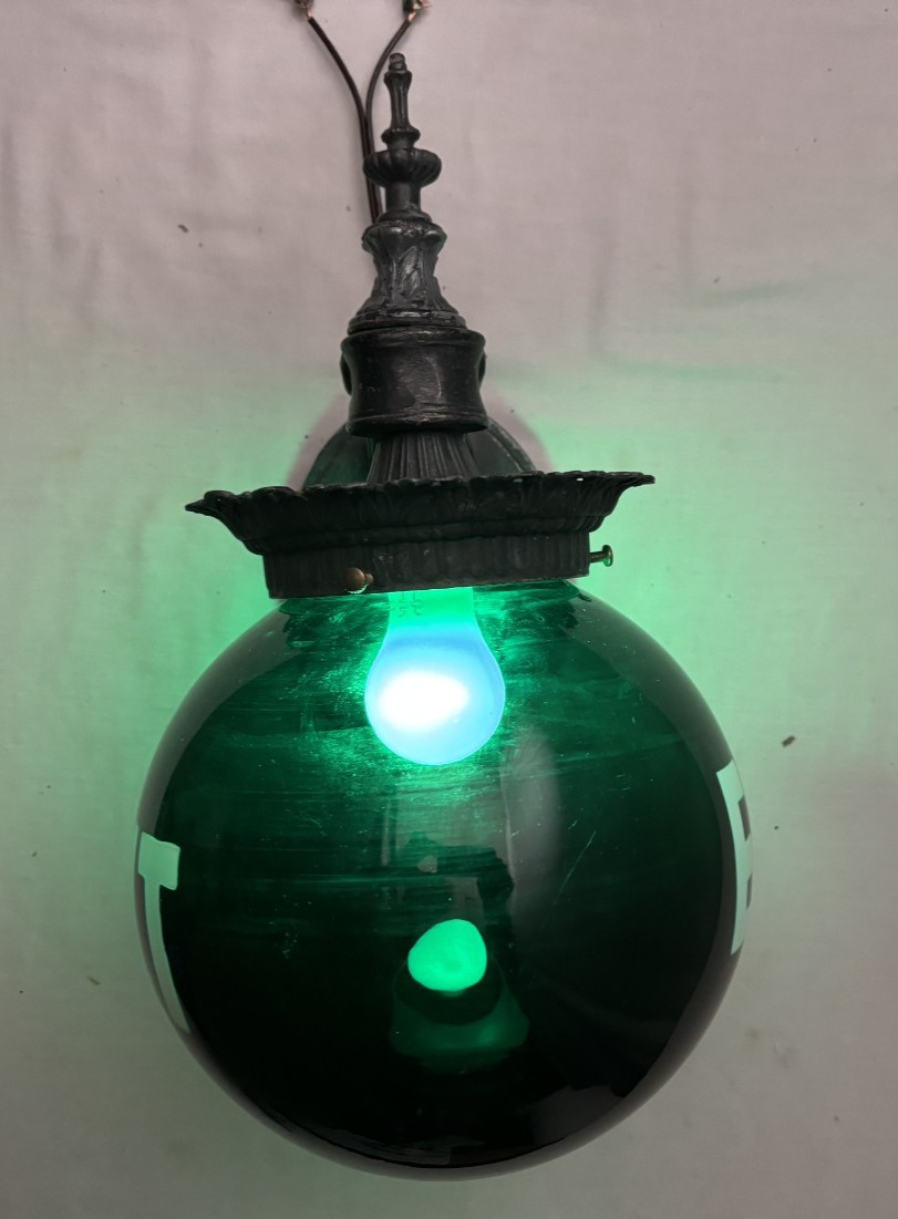 Exit Glass Light Shade Globe Vtg Wall Sconce Green Art Glass USA #L47