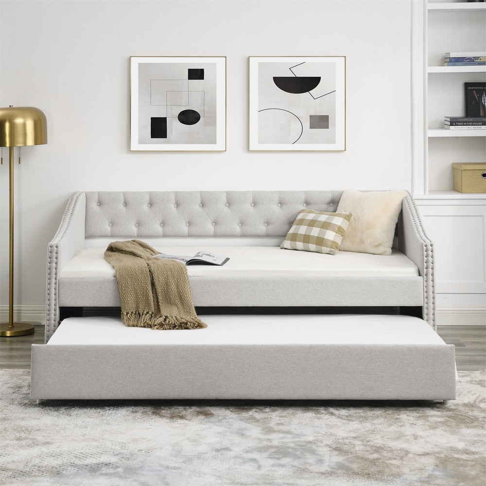 Twin/Full Size Daybed w/ Pull-Out Trundle Bed Upholstered Bed Frame Sofa Bed
