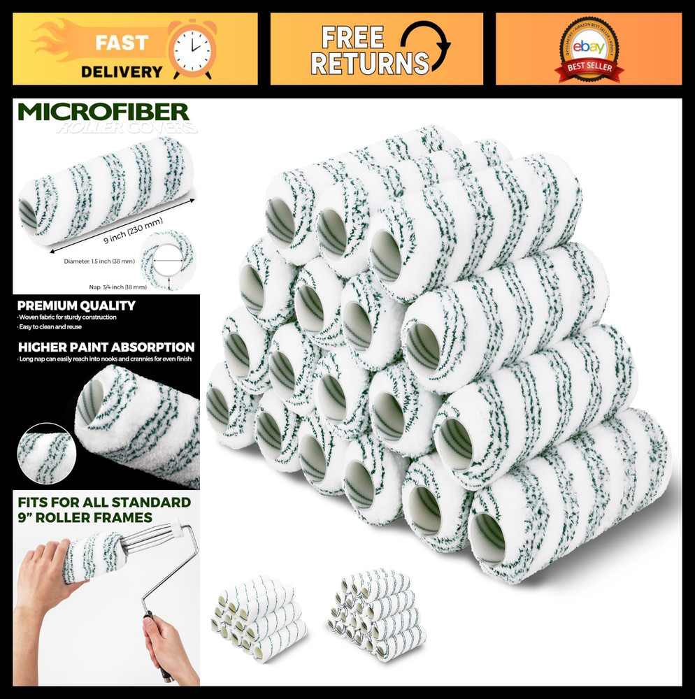 18 Pack Microfiber Paint Roller Covers 9" x 3/4" - High-Capacity for Rough Surfa