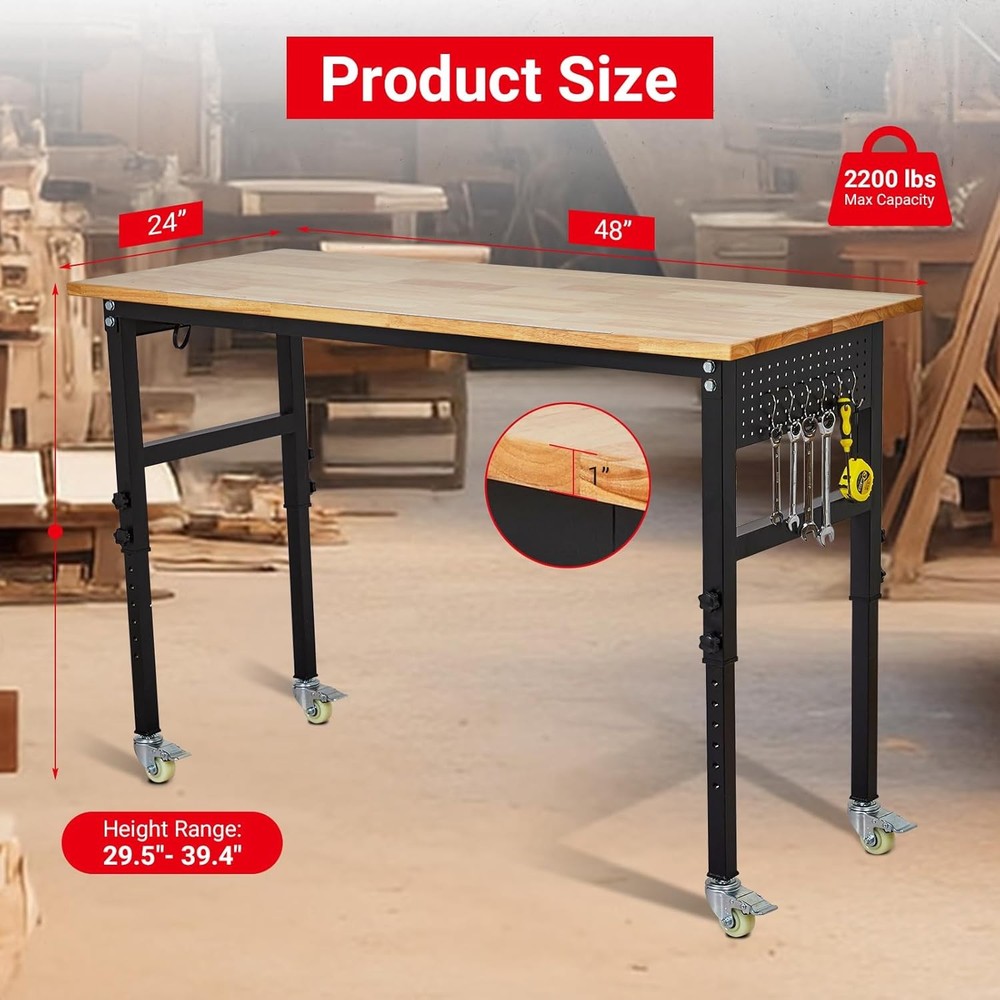 48" Adjustable Workbench Rolling Heavy-Duty Work Table w/ Wheels & Power Outlet