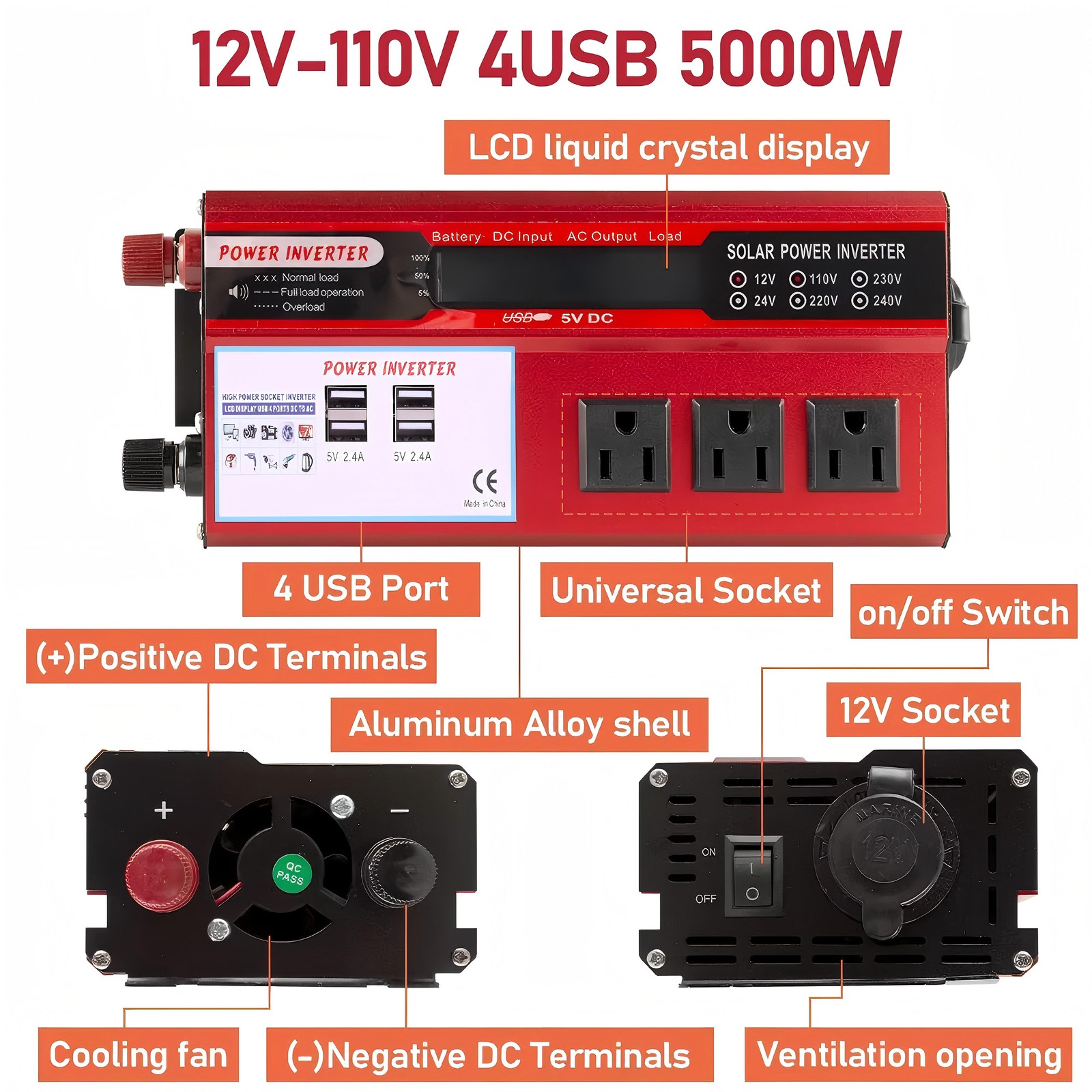 Car Power Inverter 5000W DC 12V To AC 110V Pure Sine Wave Solar Converter 4 USB