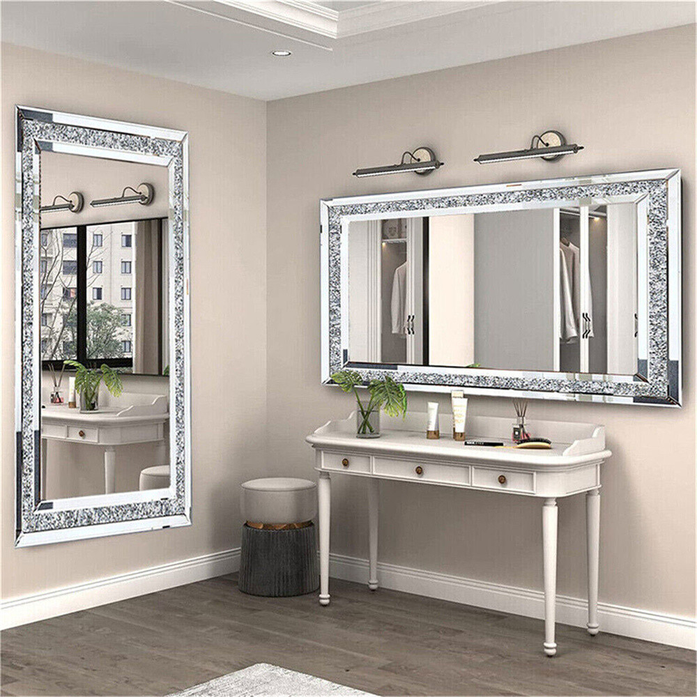 Large Crystal Crush Diamond Rectangle Silver Mirror Wall Hang Frameless Mirror