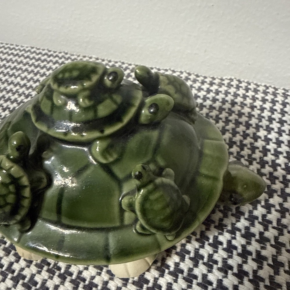 Vintage Ceramic Green Glazed Bobble Head Turtle 3” Long