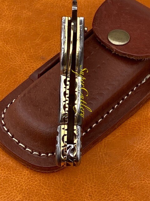 STUNNING SOLID FULL DAMASCUS STEEL ENGRAVED FOLDING KNIFE WITH BRASS FILE WORK