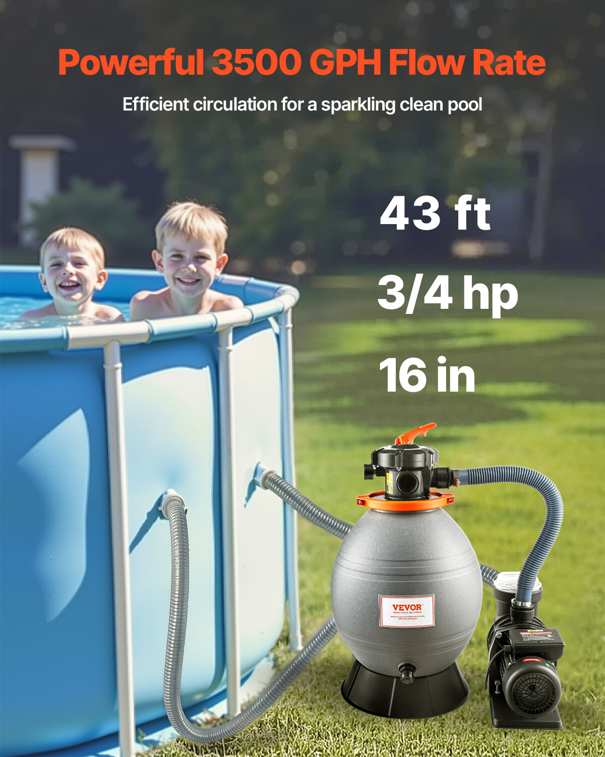 16 in Sand Filter Pump for Above Ground Swimming Pools 3/4 HP 3500 GPH Flow Rate