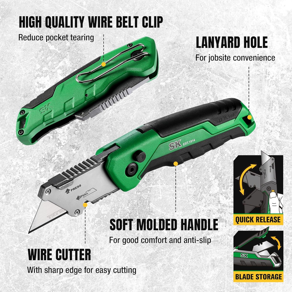 Folding Utility Knife with Additional Wire Cutter, Quick Change Box Cutter, Blad