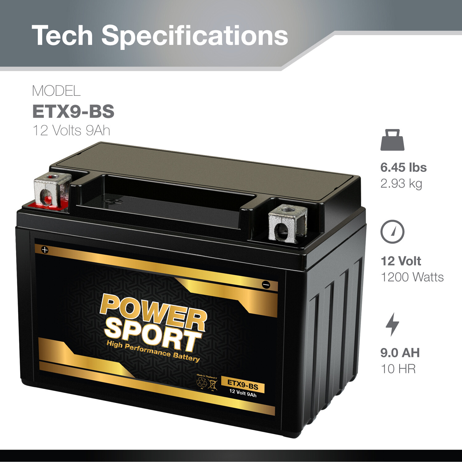 12V 9AH YTX9-BS Replacement for Motorcycles, ATV, Maintenance Free Battery