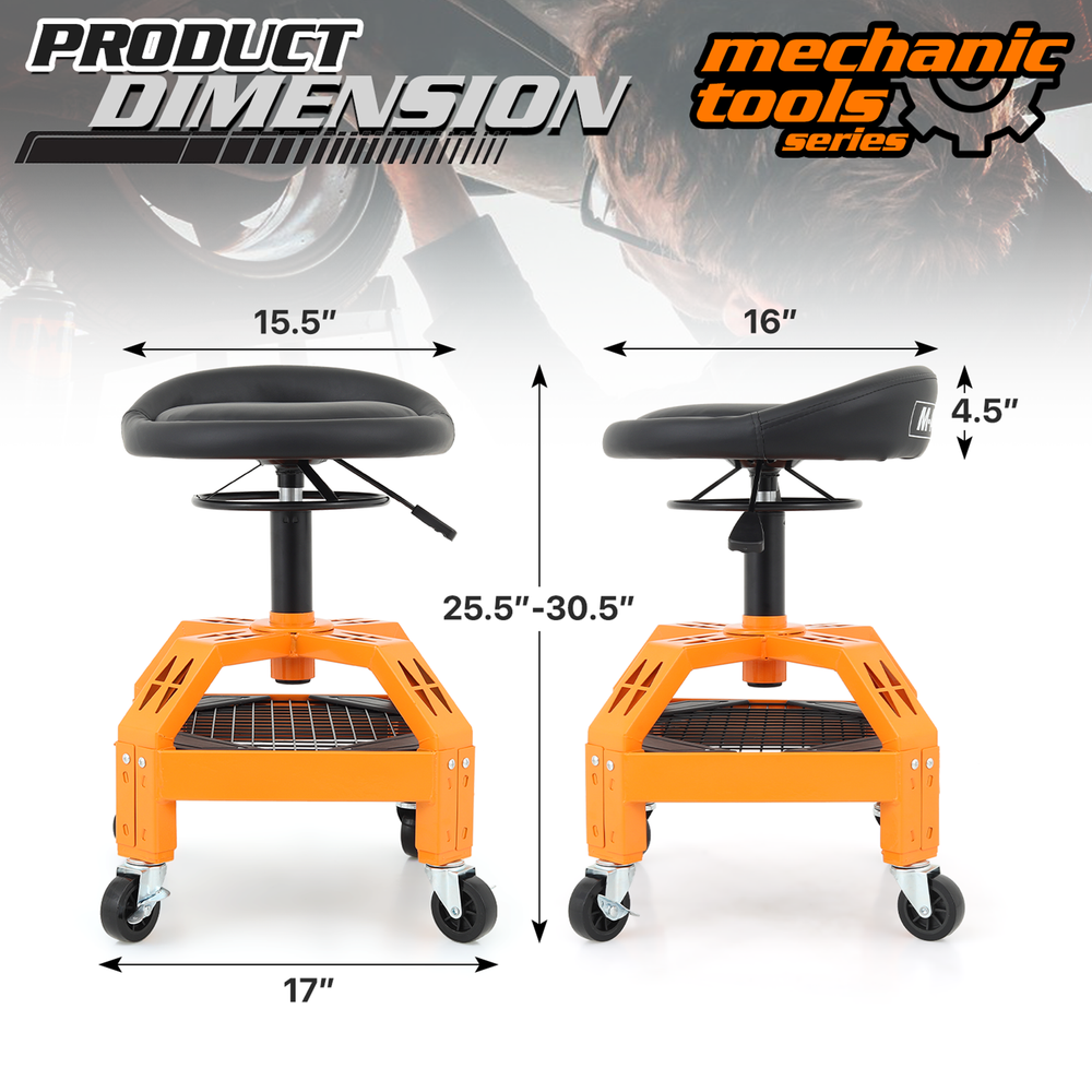 Rolling Garage Workshop Stool Adjustable Height Padded Creeper Seat w/Tool Tray