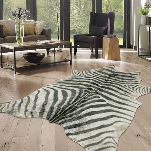 Zebra Print Area Rug, 4.6x5.2 Feet - Faux Zebra Hide for Bedroom, Black &