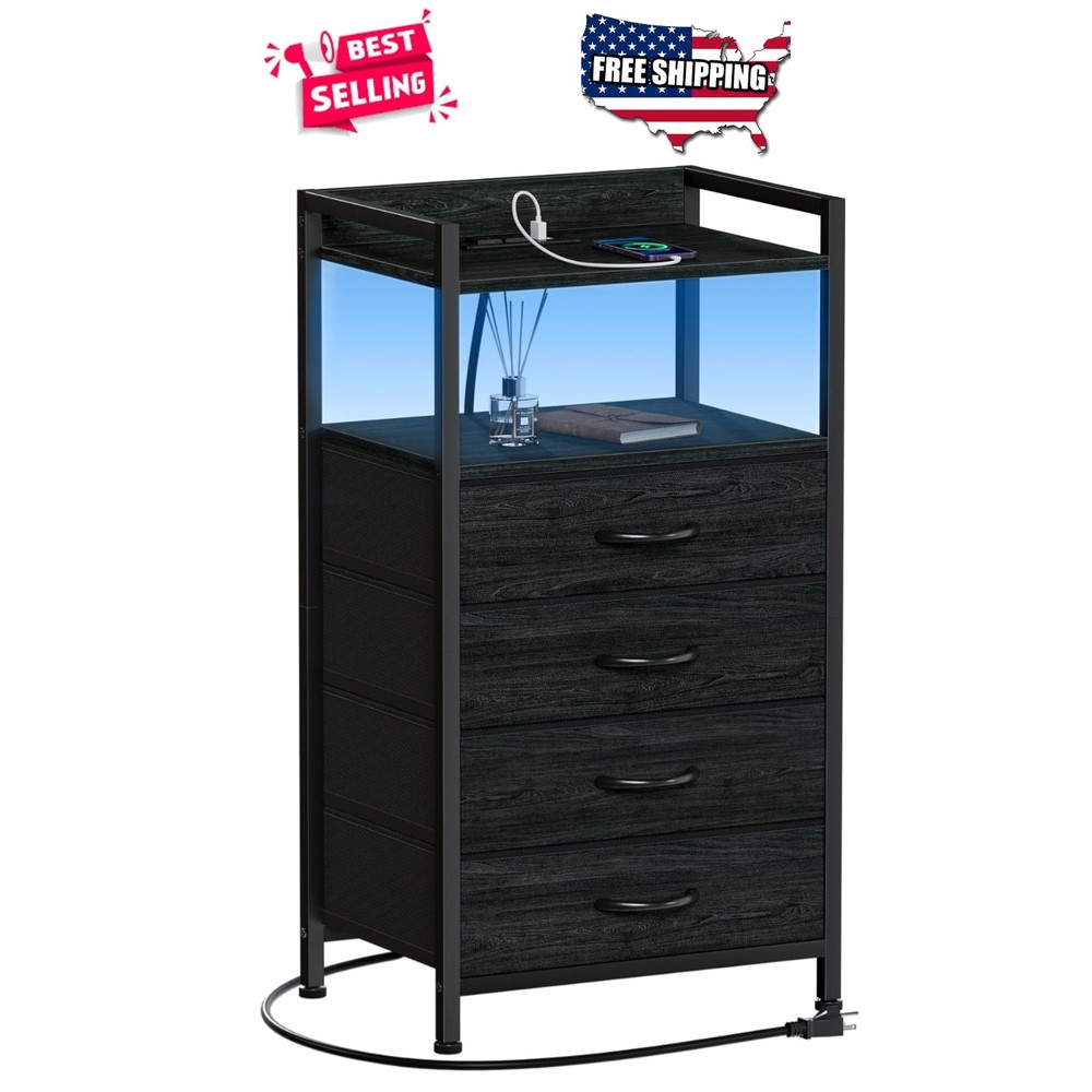 Night Stand with Charging Station Black 4 Drawer LED Light Bedside Table Storage