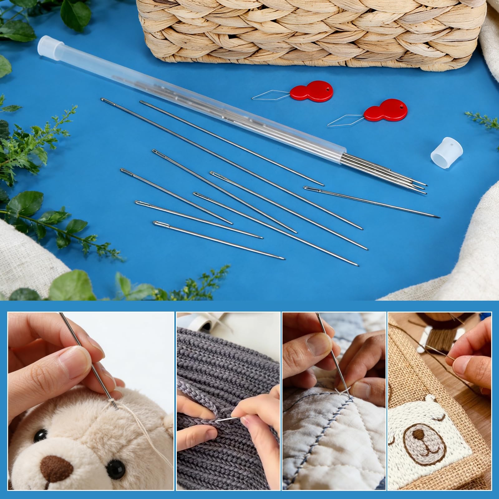 AUUIUOS 20 Pcs Steel Large Eye Hand Long Sewing Needles Includes 2 Needle Thr...