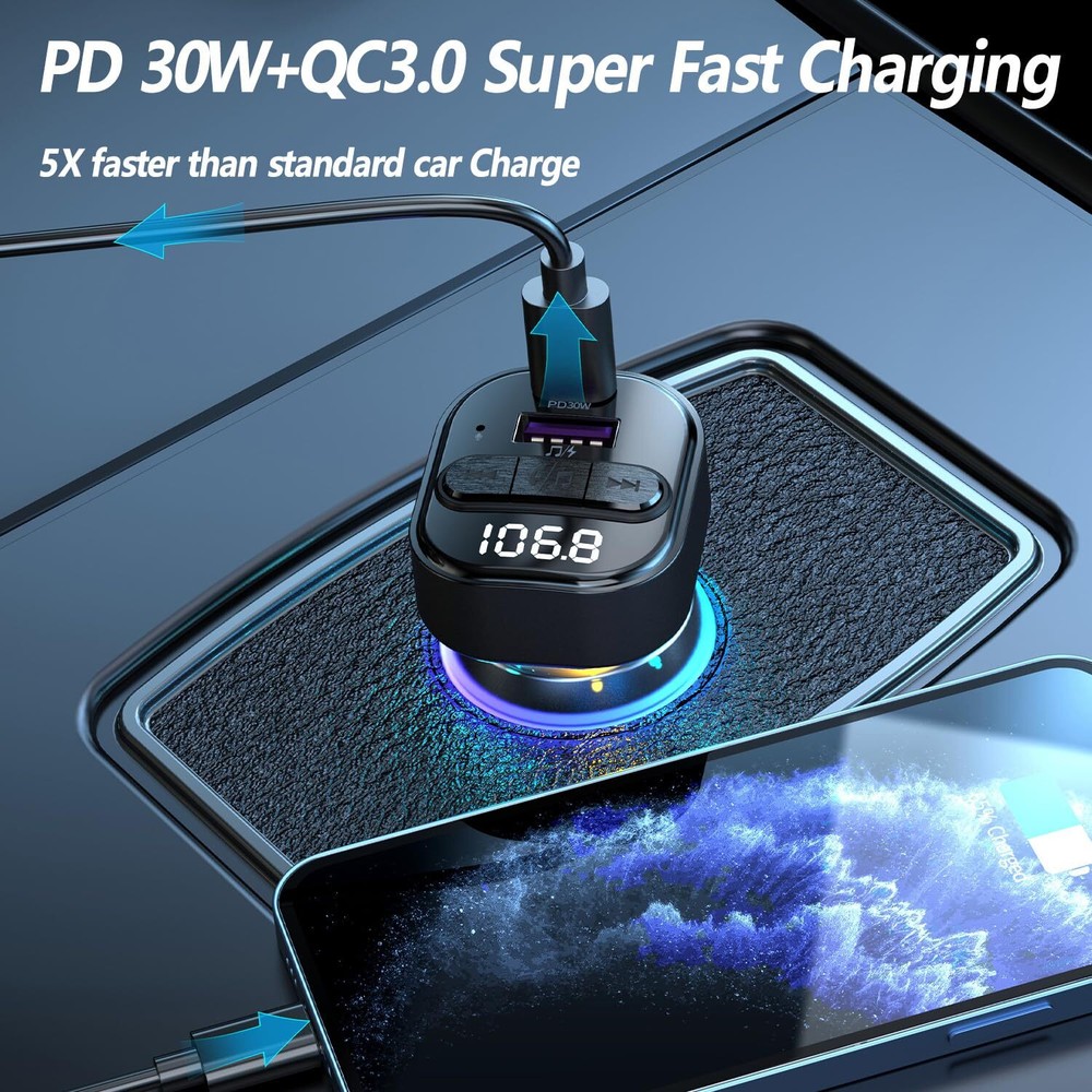 Transmisor FM Bluetooth 5.3 para coche Adaptador Bluetooth para coche con tipo C