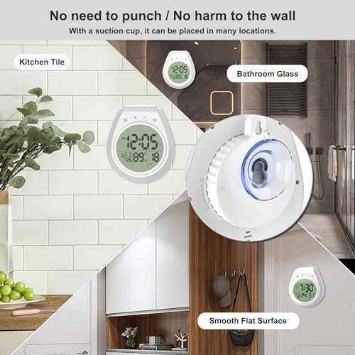 Shower Clock Waterproof, Bathroom Clock with Temperature & Shower Timer, White