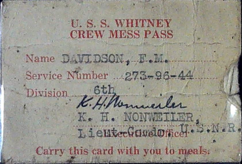USS Whitney Crew Mess Hall Pass Davidson Sixth Division Naval Apo Ship 2739644