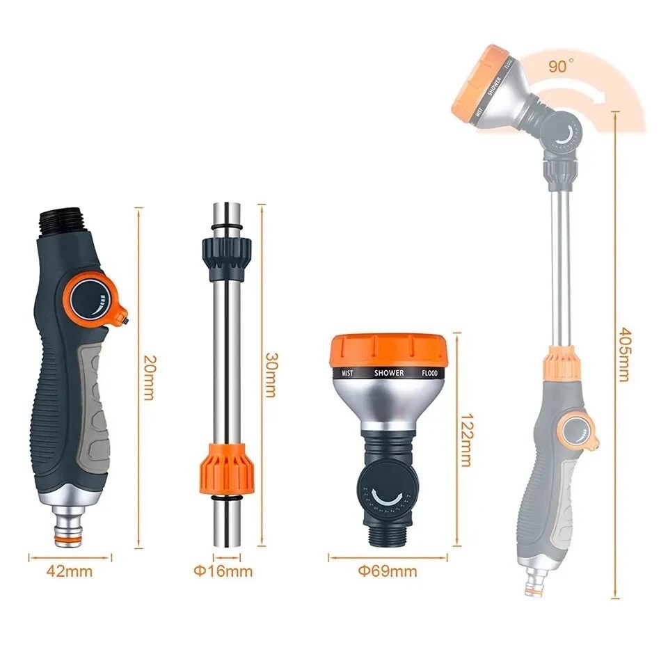 Garden Hose Watering Wand Heavy Duty Nozzle Sprayer 8 Spray Patterns 18 In