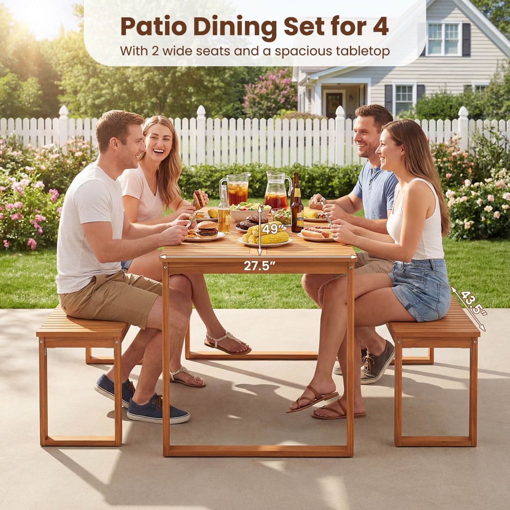 Outdoor Acacia Wood Dining Table, Rectangular Patio Table w/Slatted Tabletop