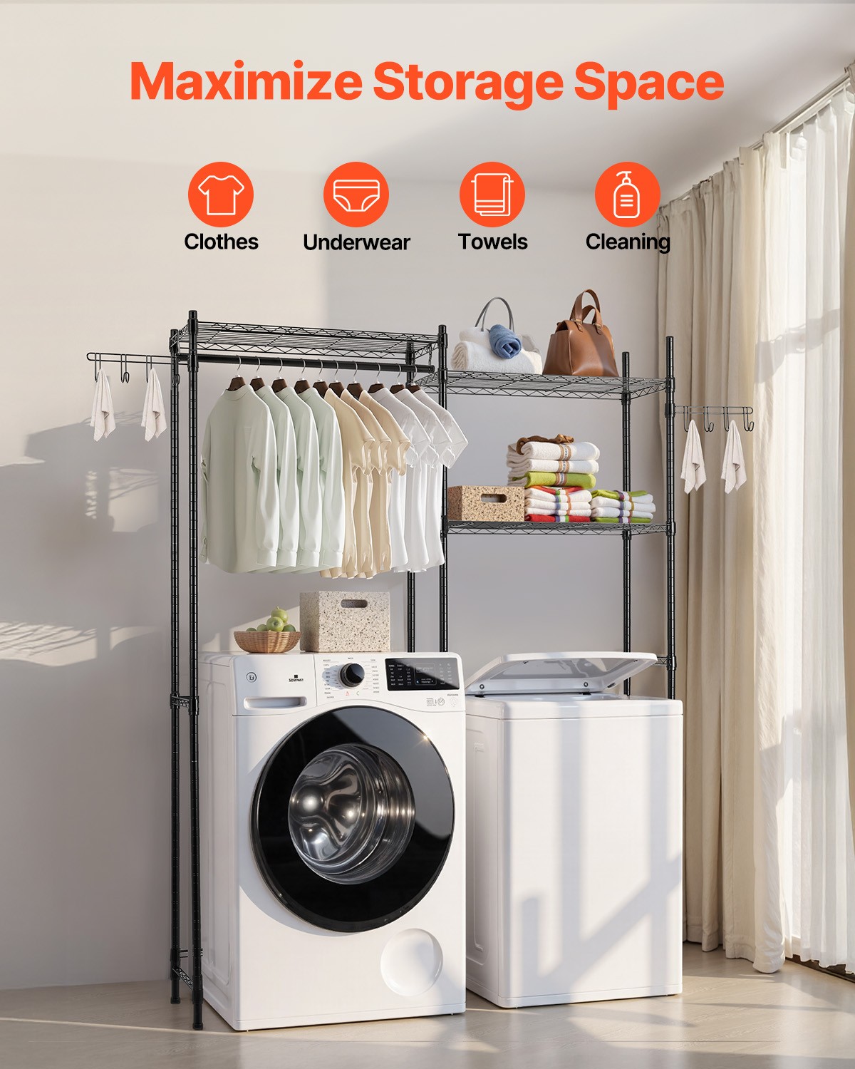 VEVOR Over Washer and Dryer Storage Shelf Two Row 5 Tiers Washer Rack Black