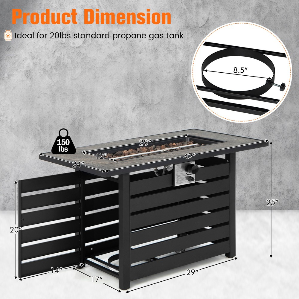 42" Rectangular Propane Fire Pit Table 50,000 BTU W/ Lava Rocks & PVC Cover