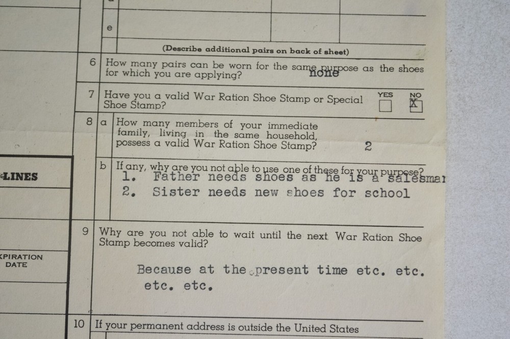 WWII Ephemera, 1944 Application for Special Shoe Stamp, Shoe Ration Application