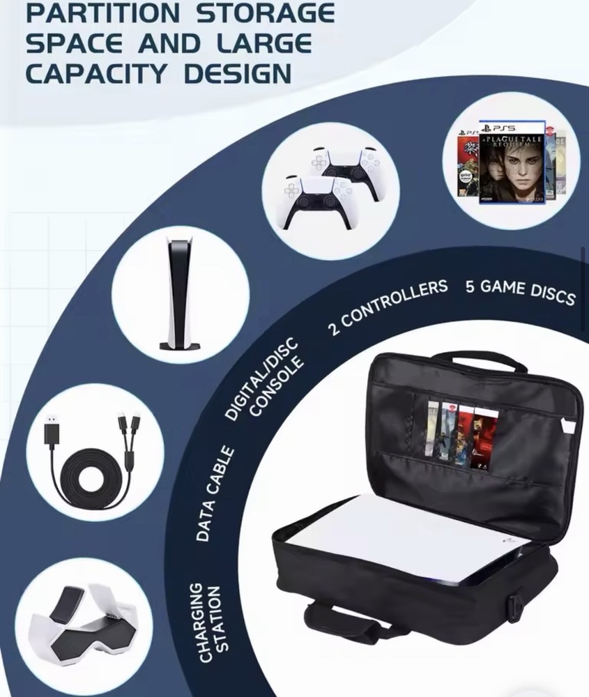 Black Travel Case for Sony PlayStation 5 Console, Controllers, Accessories