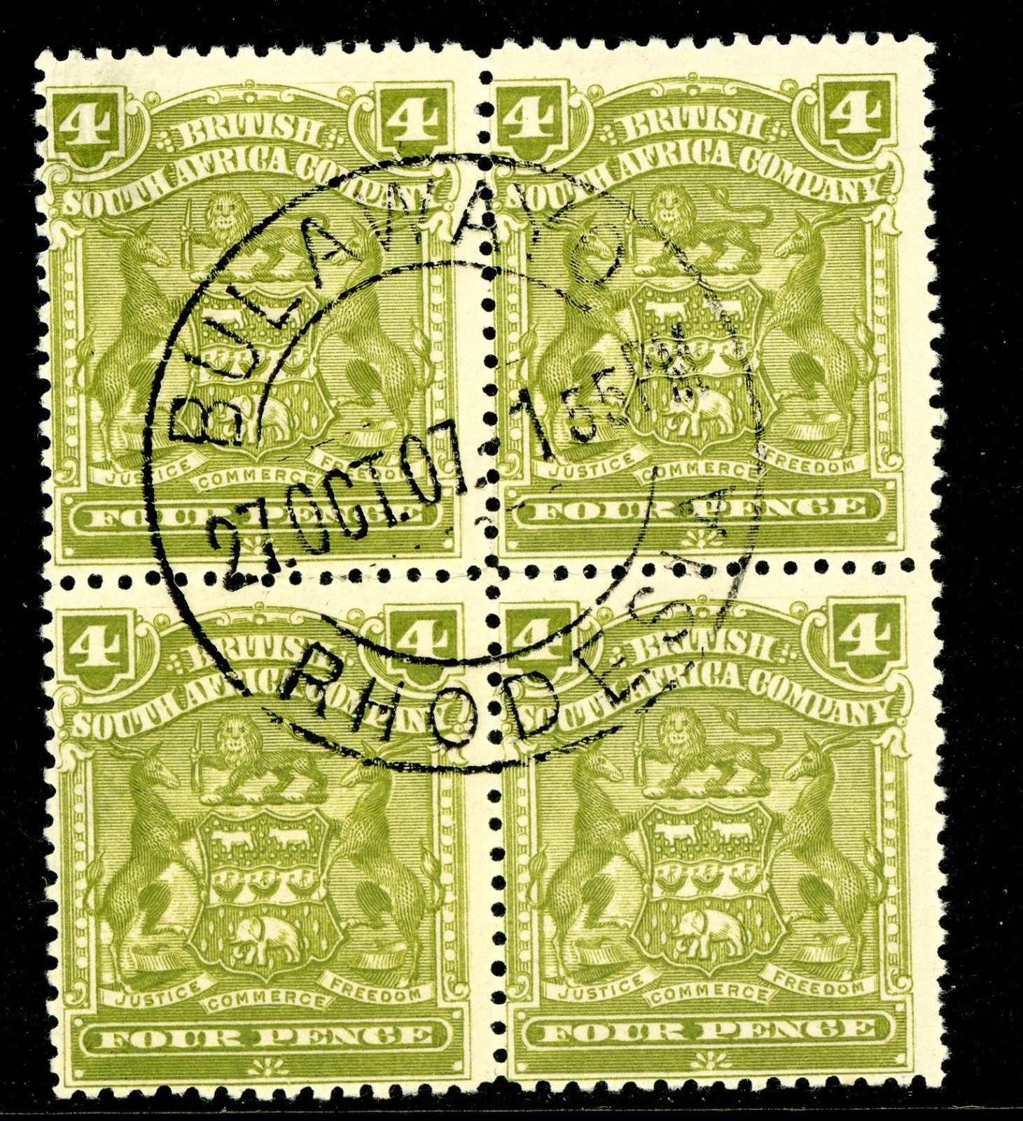 Rhodesia 1898 British QV 4p Olive SG #82 Block VFU S813