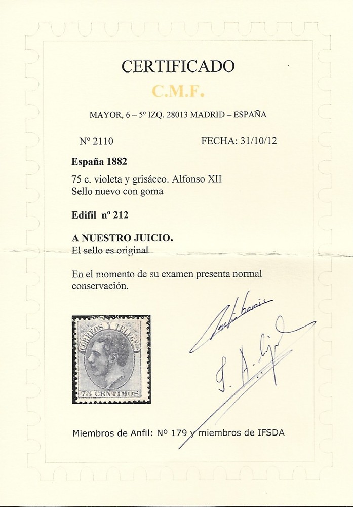 1882 EDIFIL 212 With CMF Certificate
