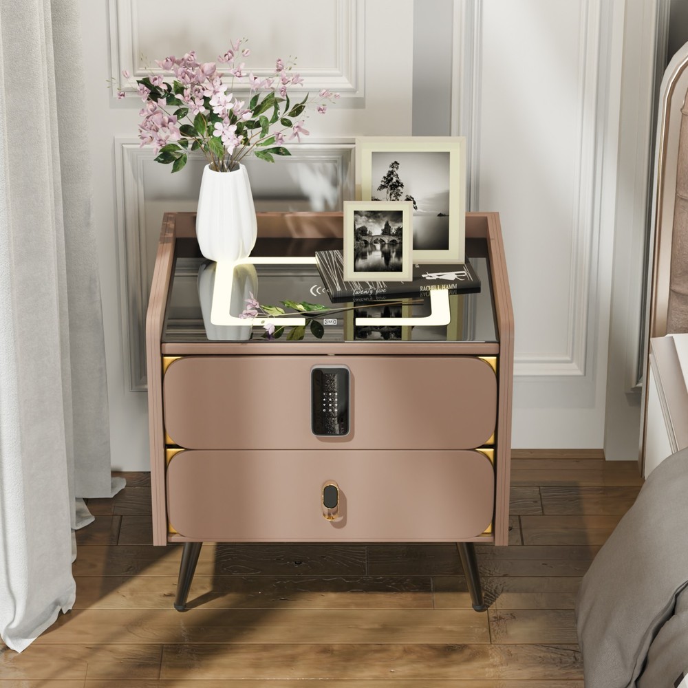 20" Tall Smart nightstand with combination lock &Bluetooth player(Light coffee)