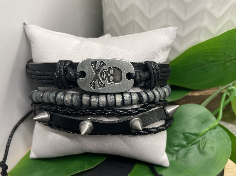 3 PC Leather Bracelet  Stackable Adjustable Tie Free Ship Skull Charm B5199