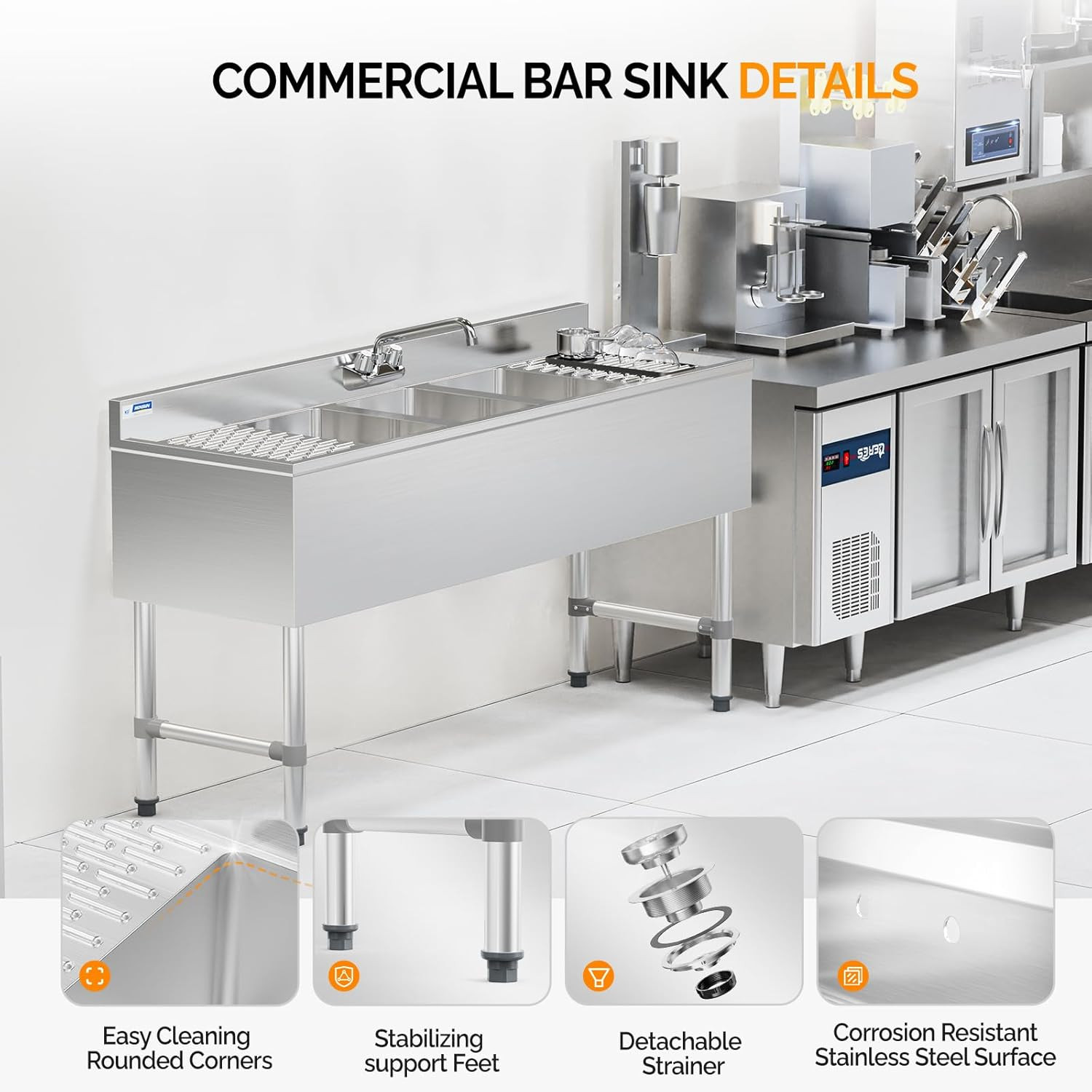 3 Compartment Commercial Sink with Double Drainboard 60"L x 18.4"W x 33"H Silver