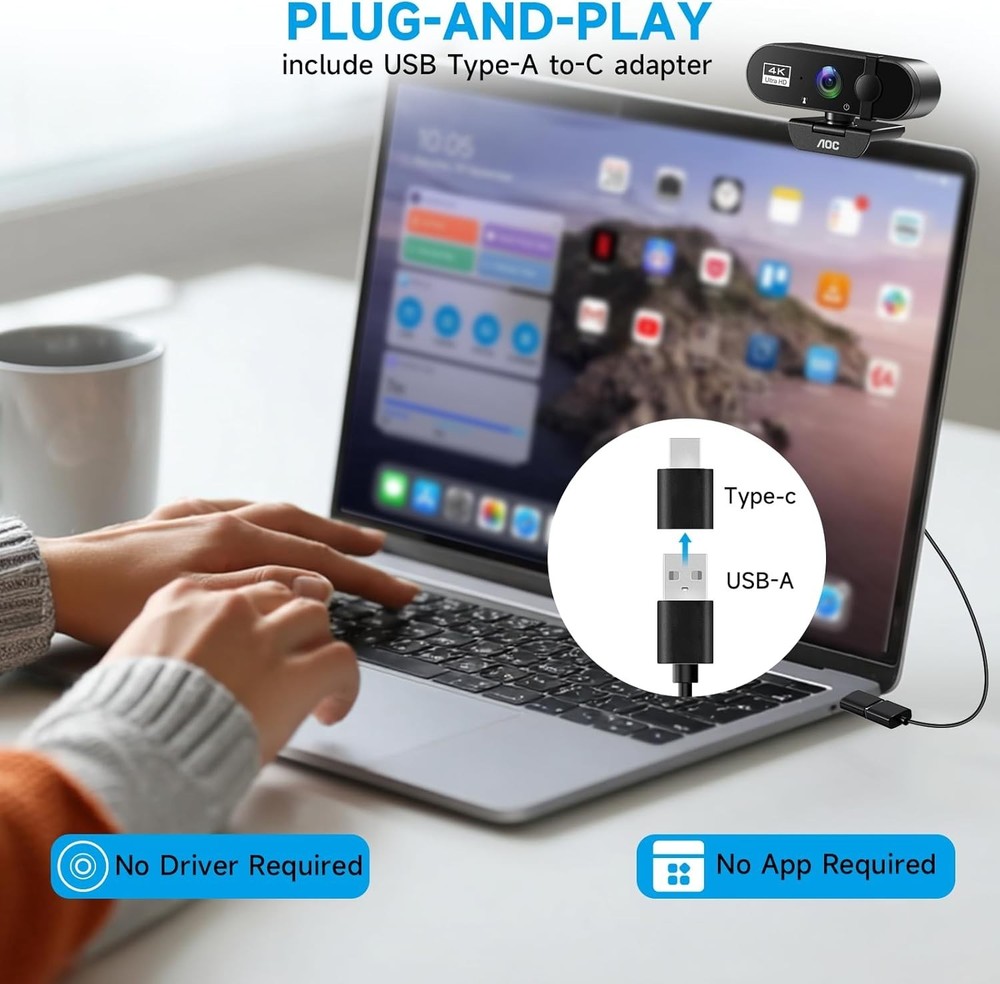 AOC 4k Webcam for PC with Microphone, Computer Camera with Noise Cancellation, P