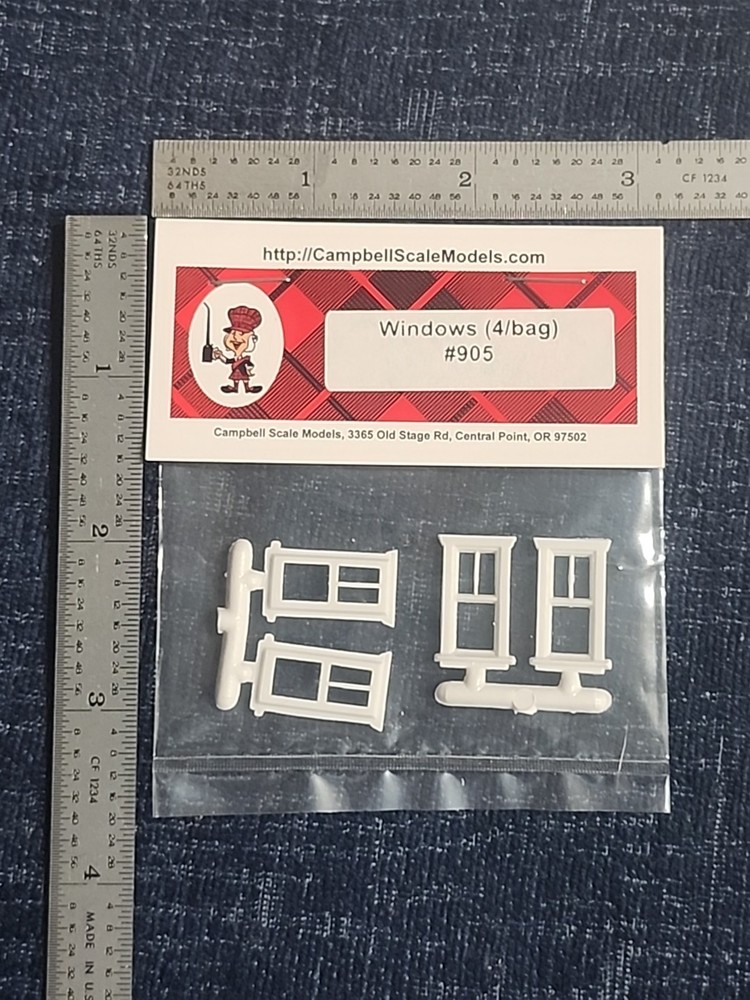 Campbell Scale Models 905, Windows, 4 Per Bag, HO Scale, New, Scratch Builder