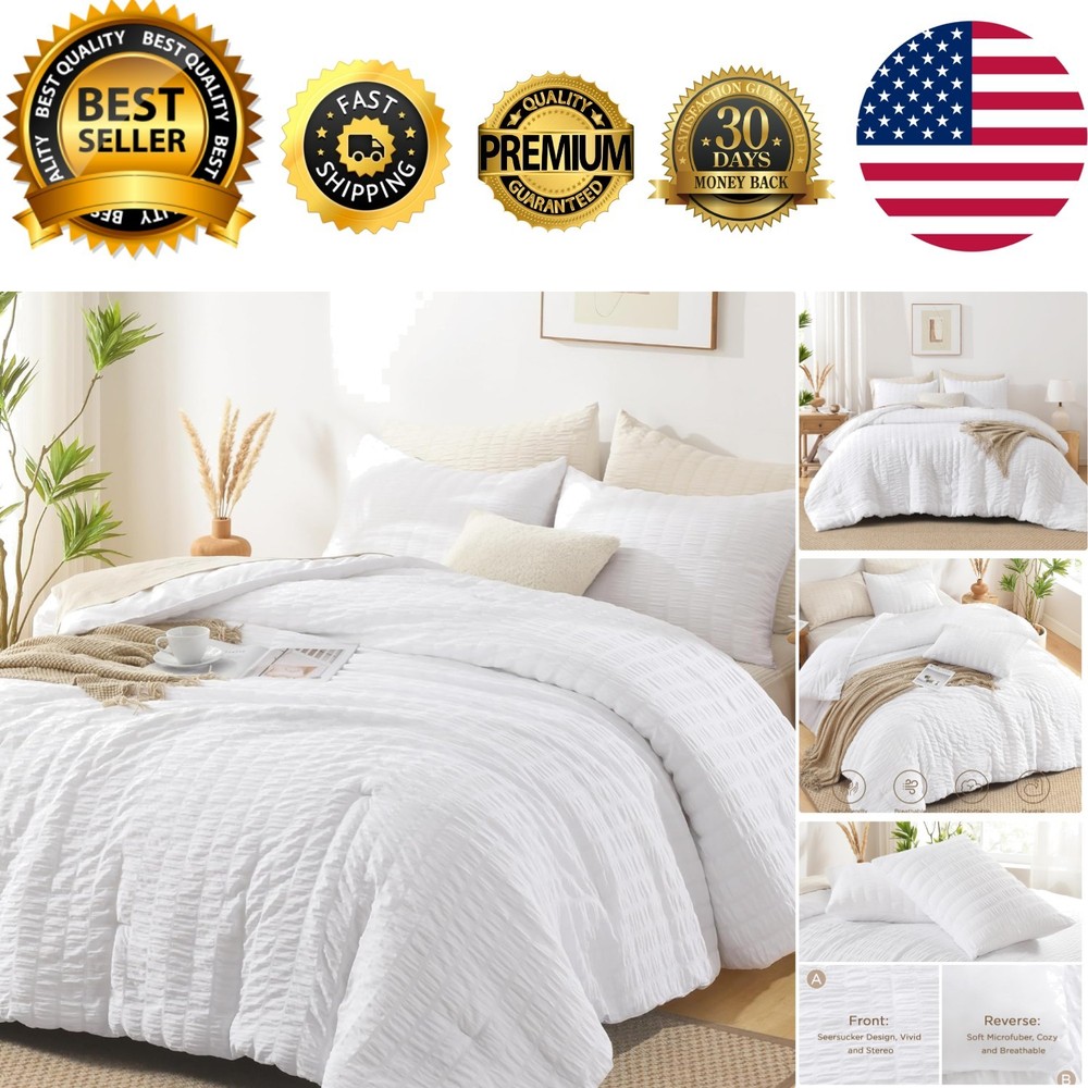 Chic Seersucker Queen Comforter Set 90x90 - Soft Microfiber & 2 Pillowcases