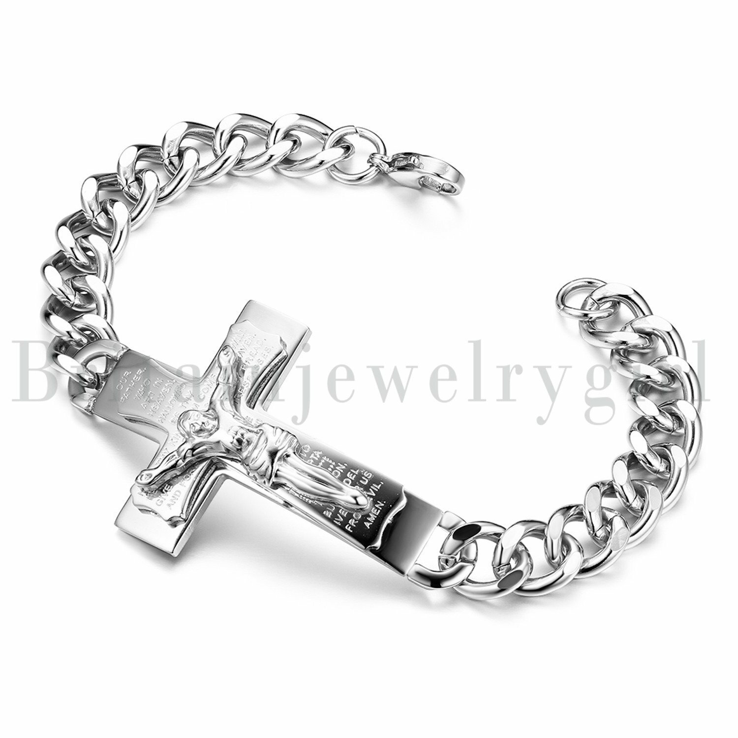 Stainless Steel Jesus Crucifix Cross Prayer Curb Chain Bracelet Wristband Men